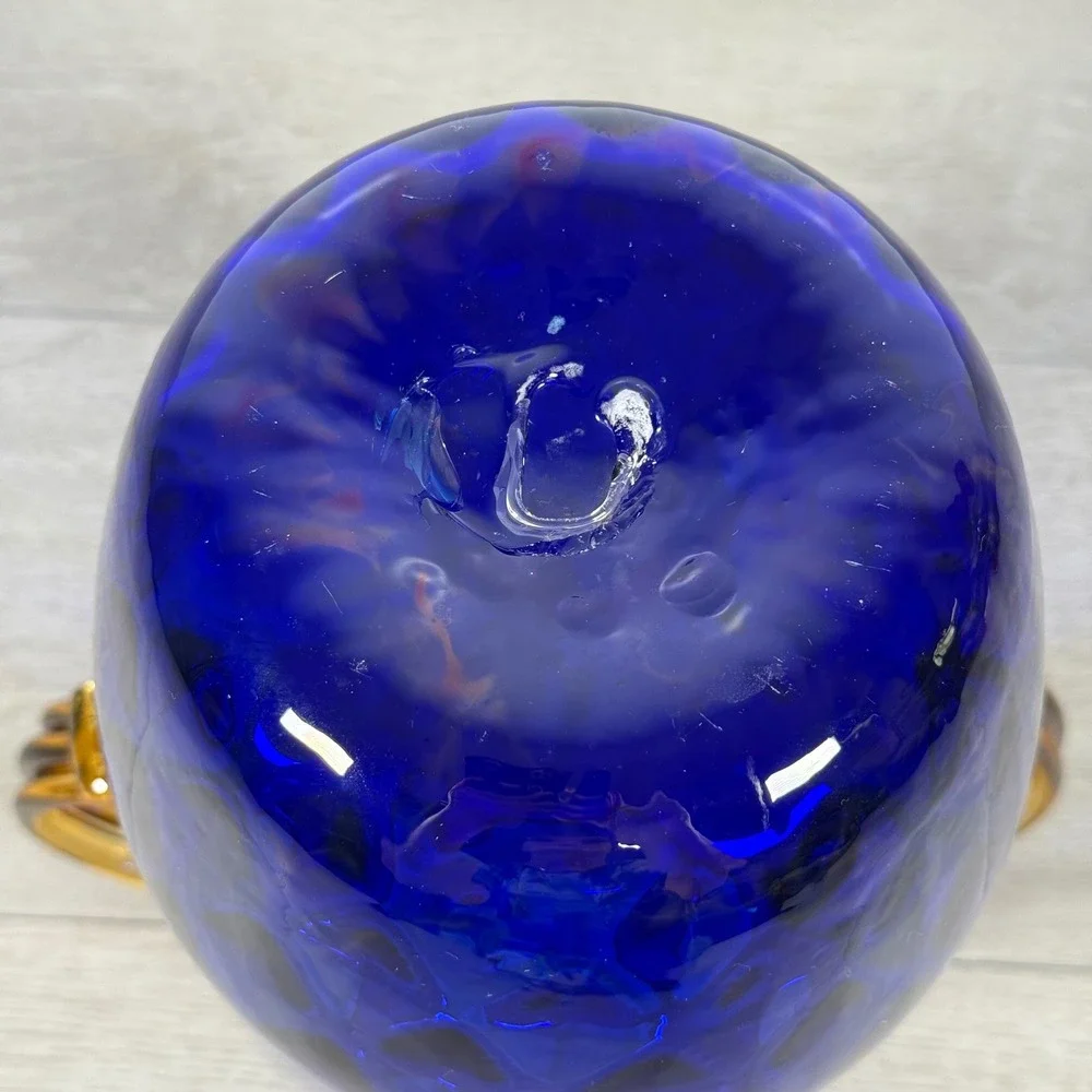 Blenko Cobalt Blue Optic Honeycomb Pitcher Amber Handles 9.5